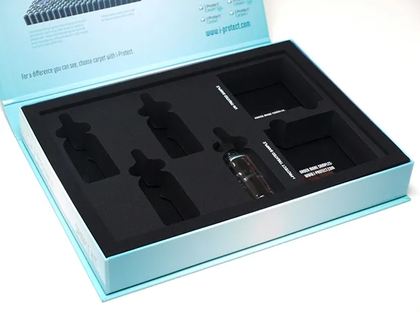 Vista detalle de caja muestrario para la exposición de muestras del sector farmacéutico